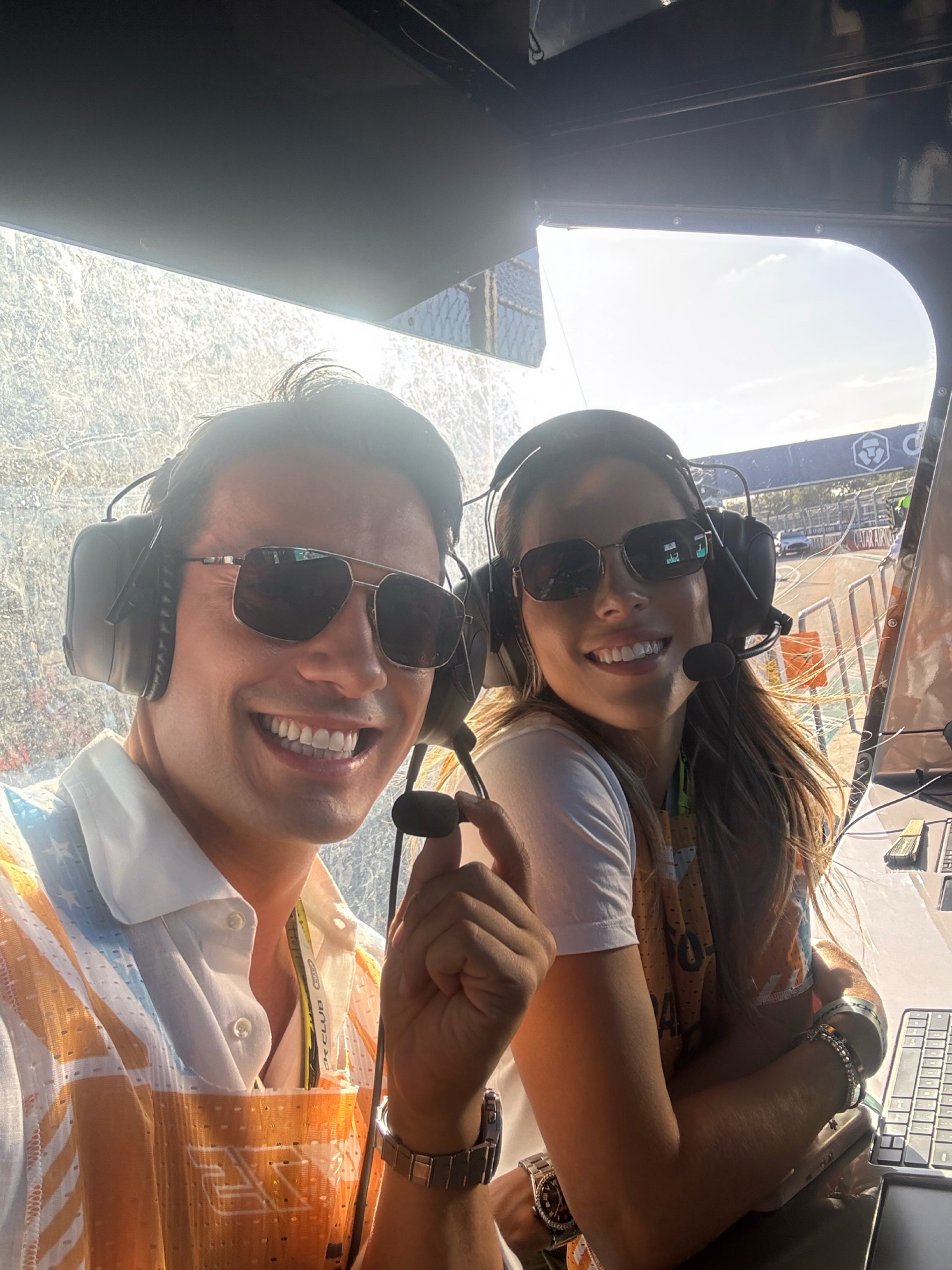 In the broadcast booth at the Grand Prix