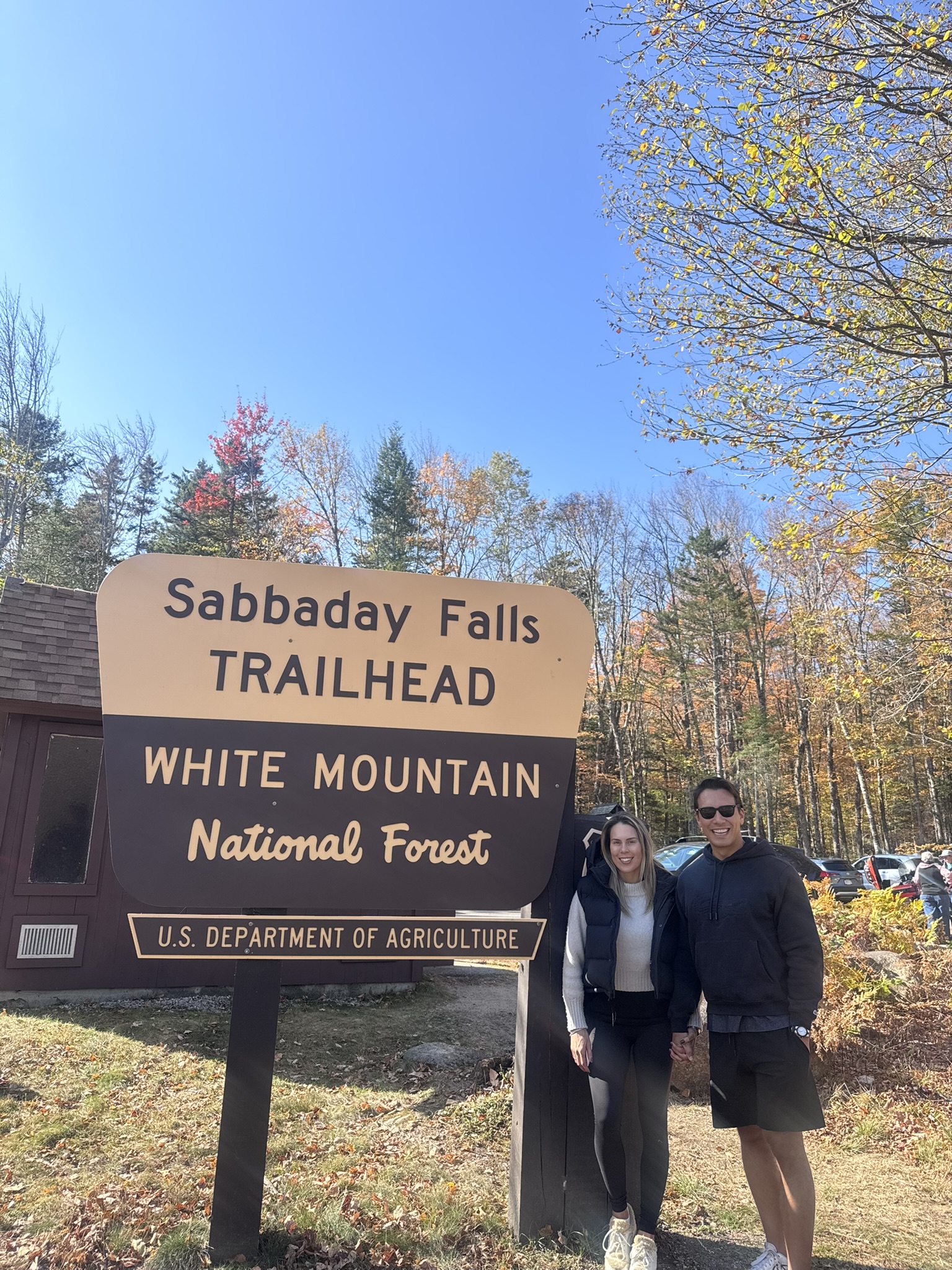 At the Sabbaday Falls trailhead in the White Mountains