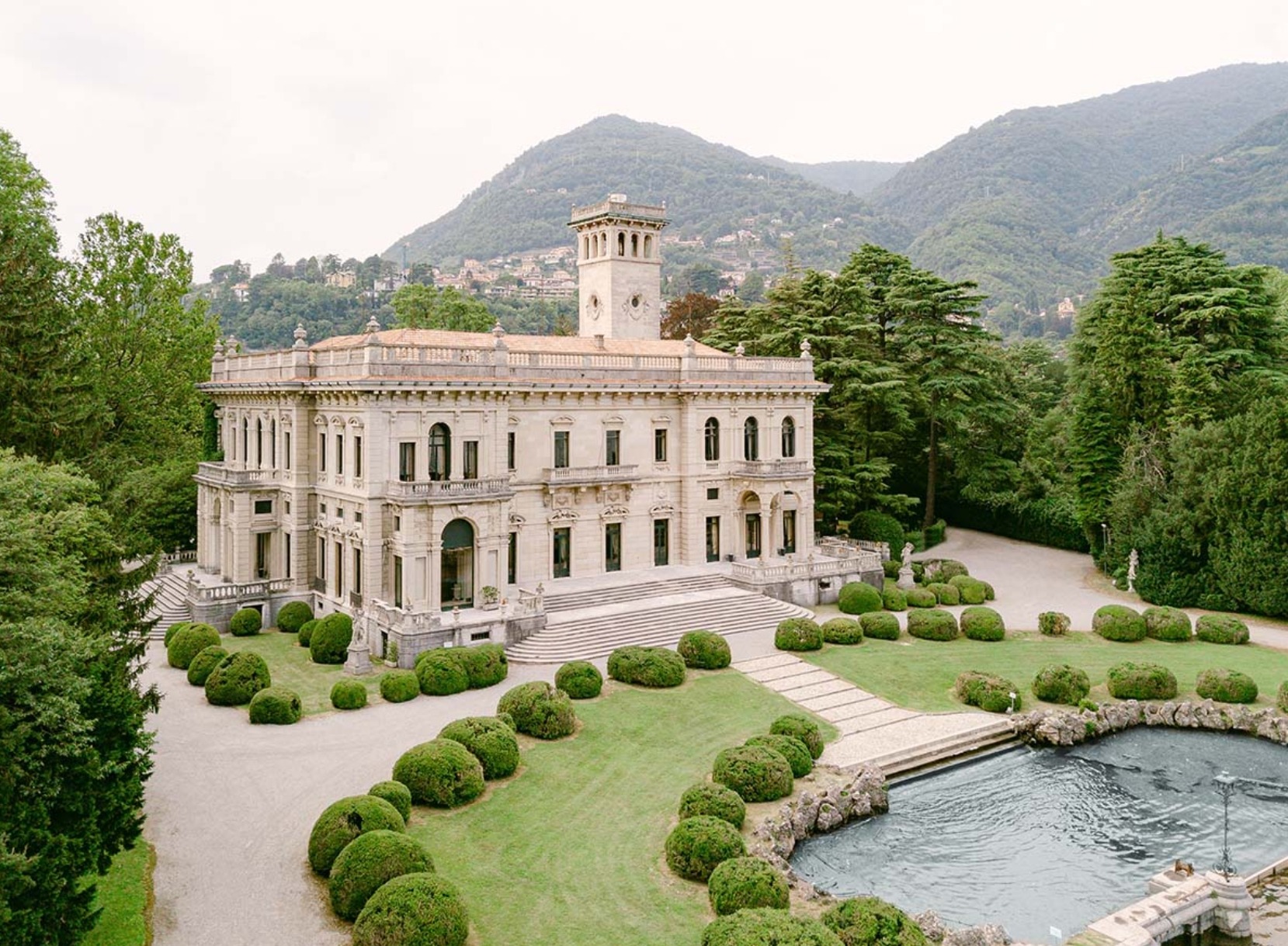 Aerial view of Villa Erba and its lakeside gardens