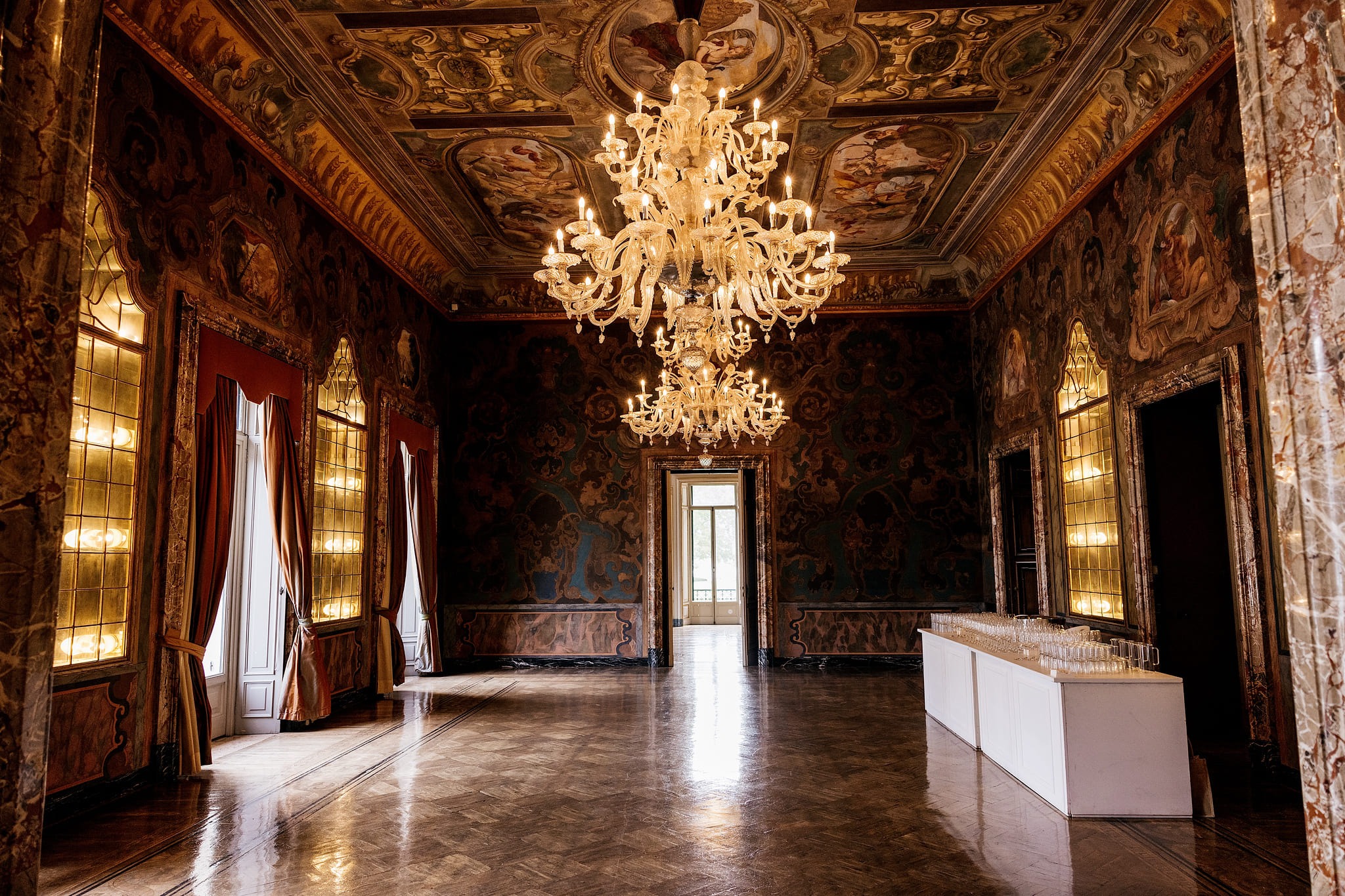 The grand staircase hall at Villa Erba